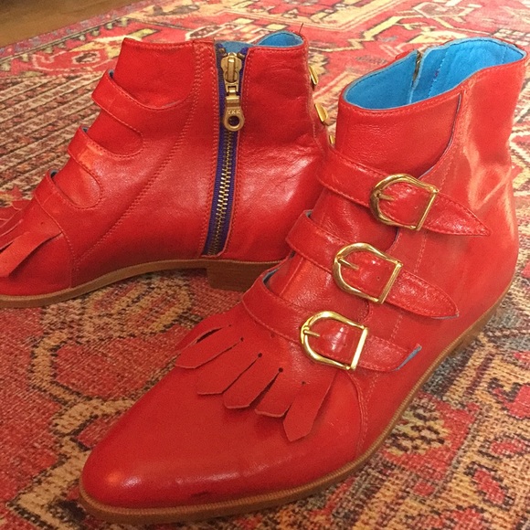 Modern Vice Shoes - SOLD Modern Vice Jett Boots studded buckle pointed toe moto boot red leather